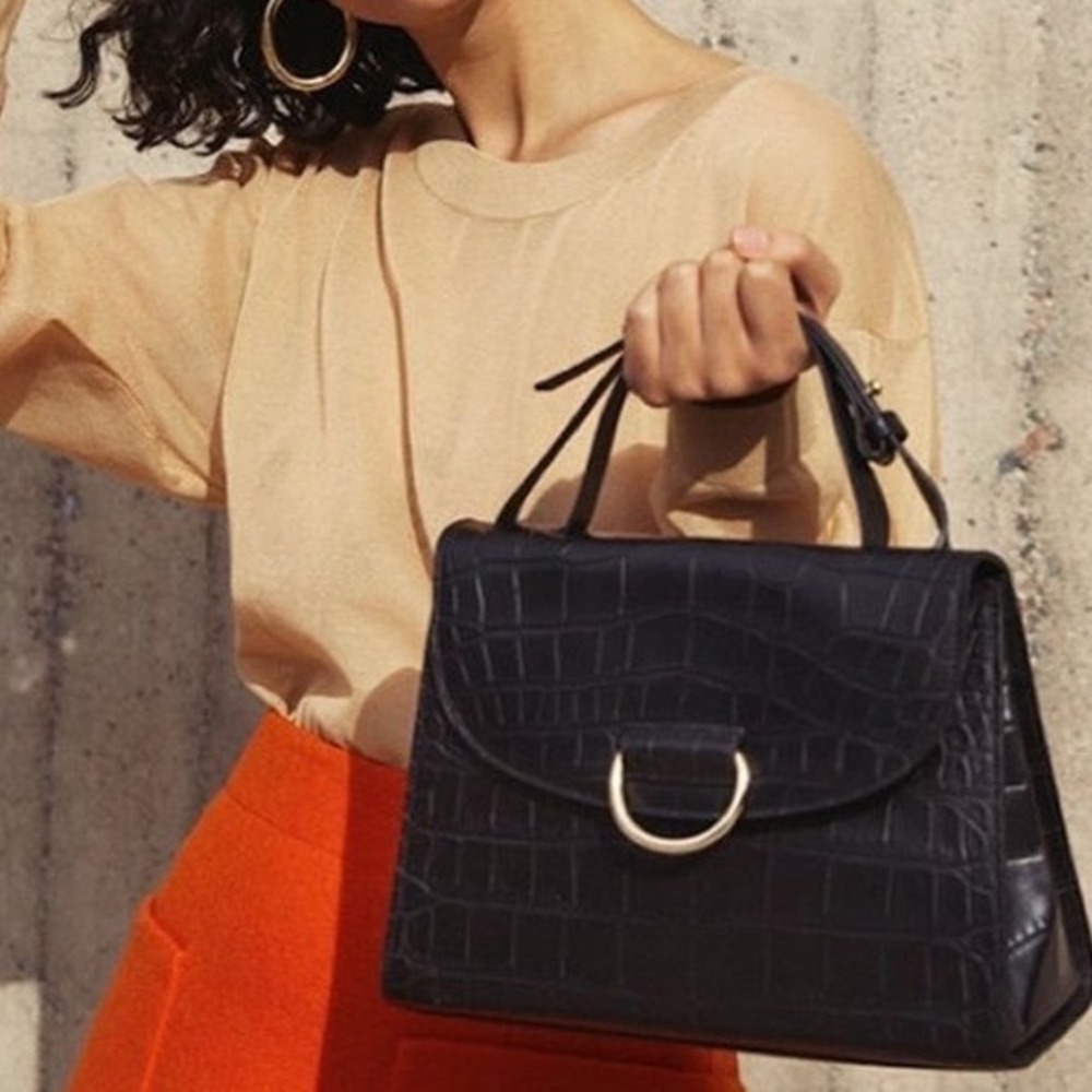 ASOS Black Croc Embossed Top Handle Crossbody Bag Gold D-Ring Satchel
